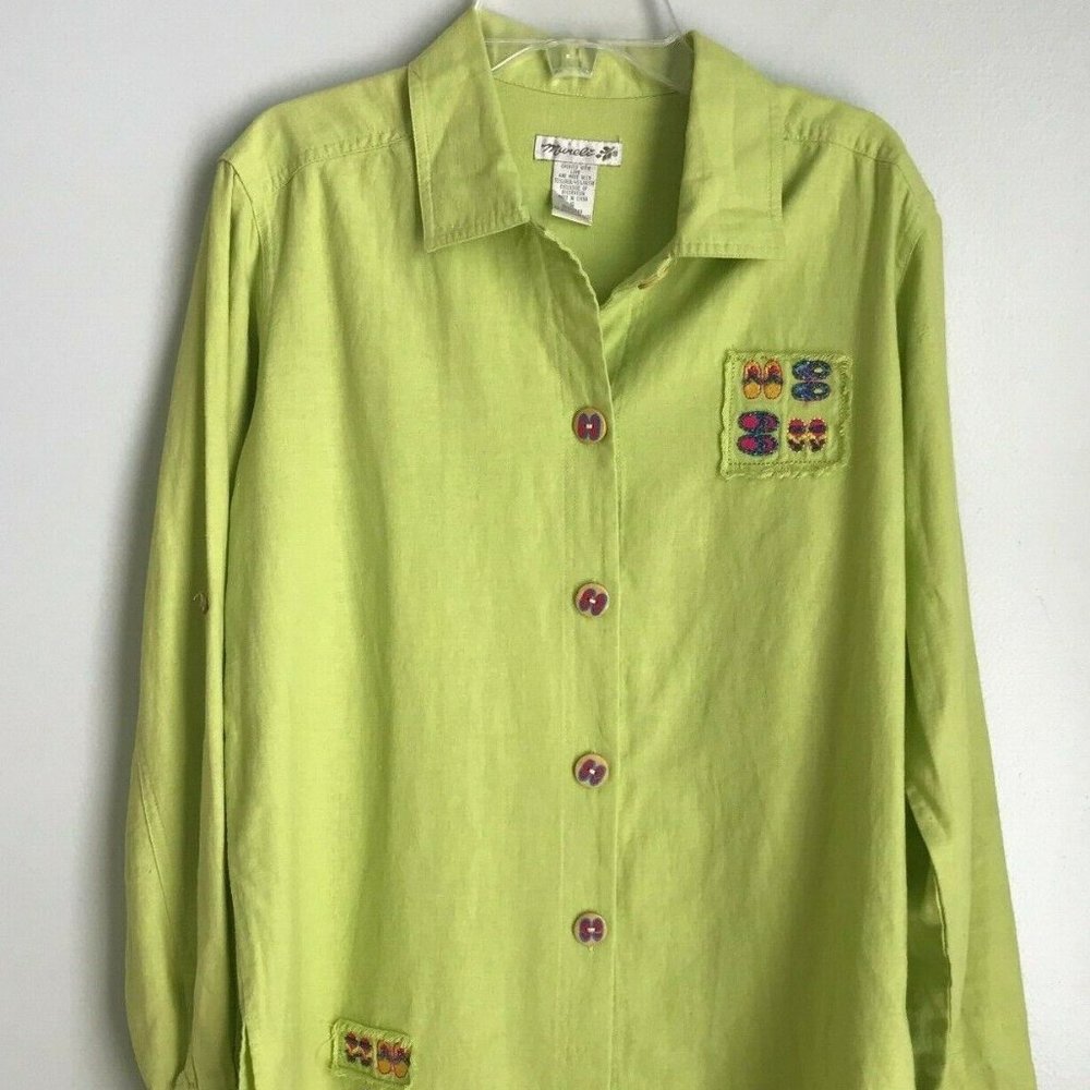 Mureli Green Linen Blend Embellished Flip Flop Button Down Blouse